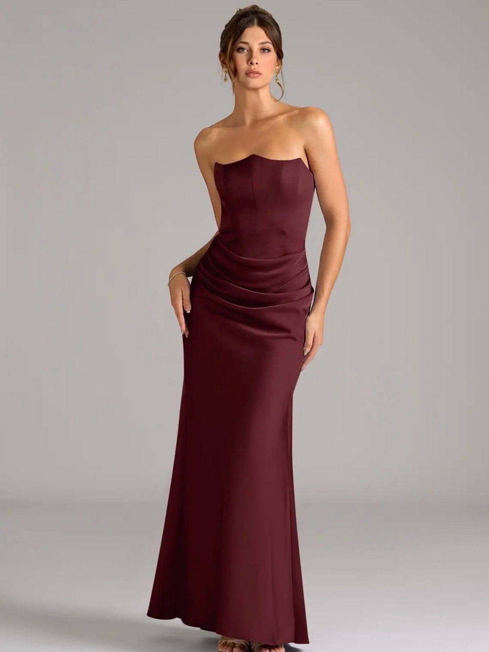 Azazie Strapless Cabernet Satin Gown